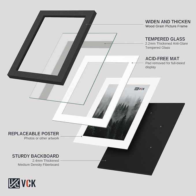 VCK 24x36 Poster Frames Black - 6 Pack, Wide Border Solid Wood, Display 20x30 Picture Photo with Mat or 24 x 36 without, for Home, Office, Gallery, Woodgrain Series, Wall Hanging