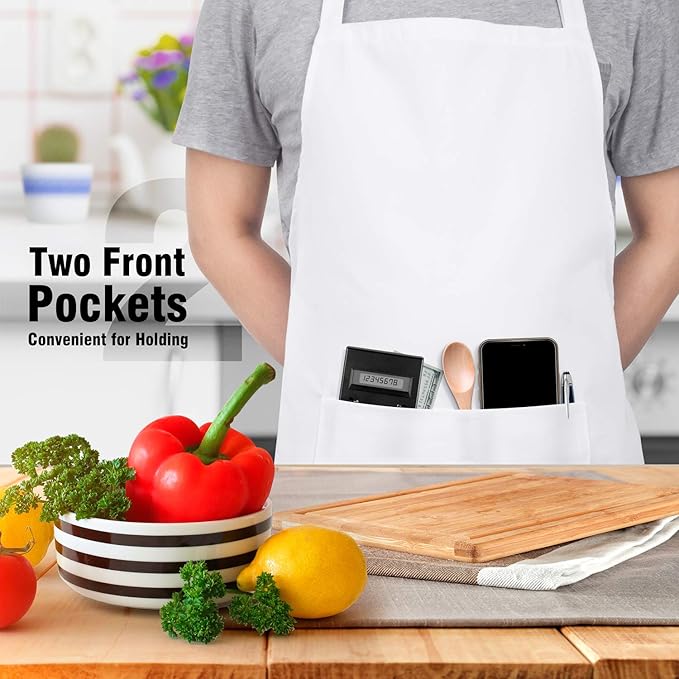 Xornis 2 Pack 100% Cotton Bib Aprons with 2 Pockets Kitchen Cooking, White