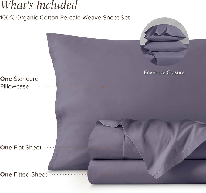 Bare Home 100% Organic Cotton Twin XL Sheet Set - Crisp Percale Weave - Lightweight & Breathable - Bedding Sheets & Pillowcases (Twin XL, Dusty Purple)