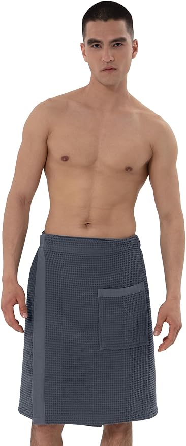 SEYANTE Men's Organic Waffle Spa Wrap – GOTS Certified 100% Turkish Cotton, Adjustable Closure, Same-Color Piping