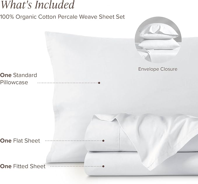 Bare Home 100% Organic Cotton Twin XL Sheet Set - Crisp Percale Weave - Lightweight & Breathable - Bedding Sheets & Pillowcases (Twin XL, White)