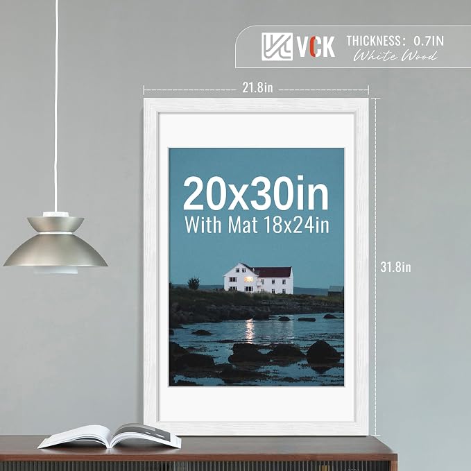 VCK 20x30 Frames White 3 Pack, Wide Border Wood, Display 18x24 Picture Photo with Mat or 20 x 30 without, for Home, Office, Gallery, Woodgrain Series, Wall Hanging