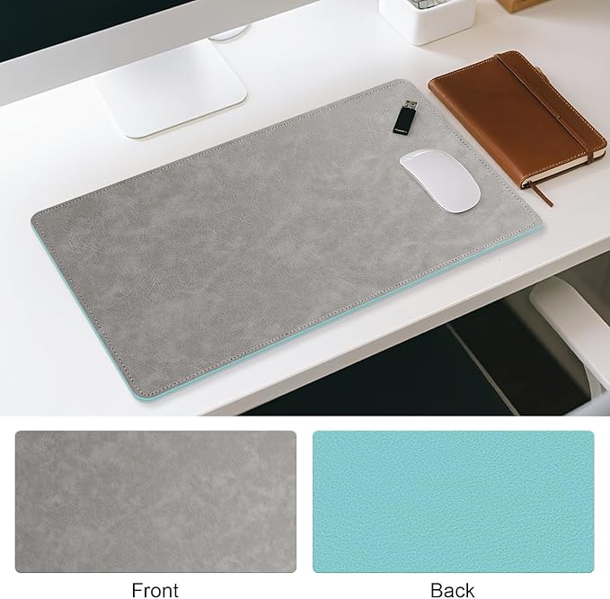 Imitation Crazy Horse Leather Desk Mat - Waterproof Desk Pad - Ideal for Large Mouse Pad and Desk Mats on Top of Desks (Light Gray+Light Blue, 33"*13")