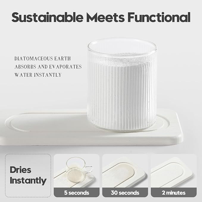2Pack Water Absorbing Stone Tray for Sink, Diatomite Drying Coasters for Kitchen & Bathroom Counter, Kitchen Soap Dish Makeup Caddy, Dispenser Sponge Holder Space Organizer, White - 8"x 3.8"