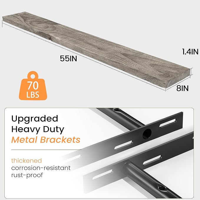 Fun Memories 55 Inch Reclaimed Wood Floating Shelves for Wall, 8 Inch Deep Extra Long Rustic Farmhouse Shelf with Invisible Brackets for TV Wall, Fireplace Mantel & Living Room, Grey