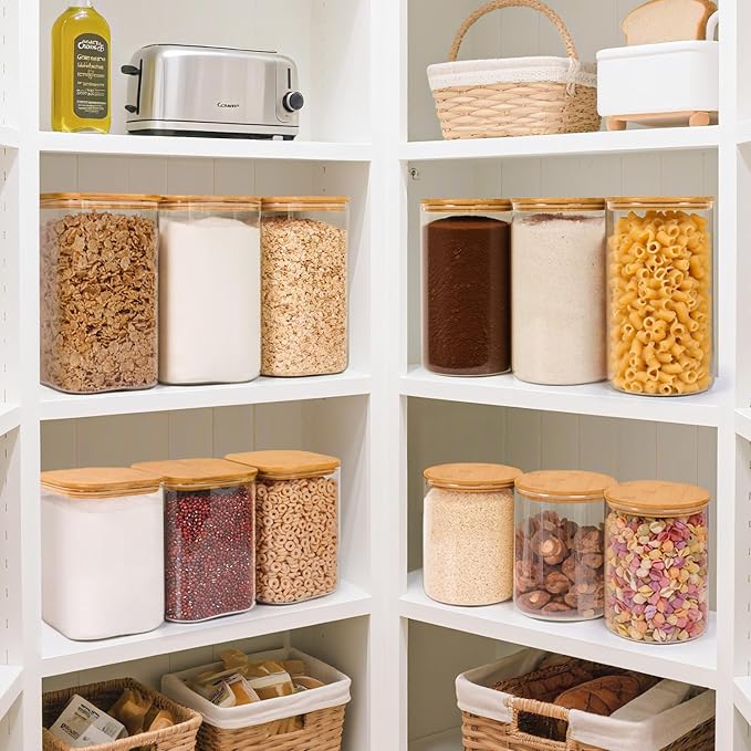 ComSaf Glass Storage Jars with Bamboo Lids 4.6 Qt Large Pantry Square | Cabinet Organization, Flour Sugar Coffee Beans, Pasta Cereal Dry Food, Big Capacity, Dry Food Storage