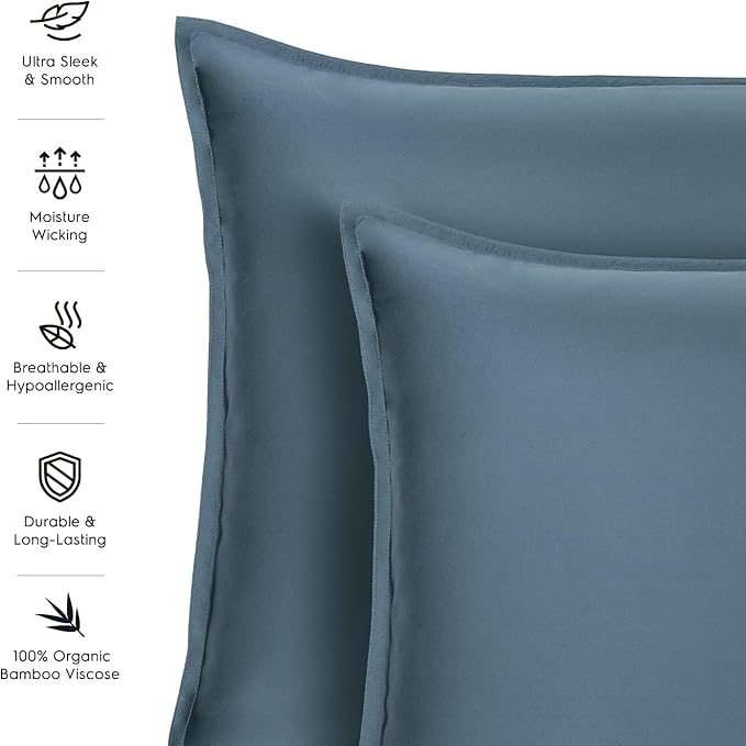 Tafts Pillow Cases Queen Size - Pure 100% Viscose Derived from Bamboo Luxuriously Soft, Silky, Cooling, Double Stitched, Envelope Closure (2 Pillowcases, Slate Blue)