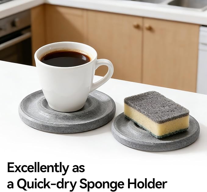 Round Diatomite Stone Soap Dish & Tray - Water Absorbing Soap Holder for Bathroom Kitchen Sink, Quick Dry Sponge Holder, Bar Soap Organizer, Non-Slip Drying Tray & Coaster (White)