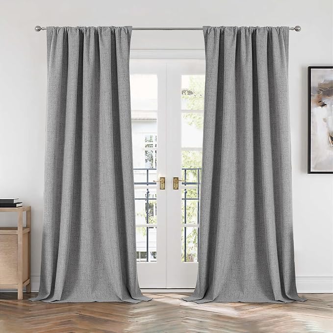 CUCRAF Linen 100% Blackout Curtains 96 Inch Length 2 Panels Set, Back Tab and Rod Pocket Curtain for Living Room Bedroom, Room Darkening Window Drapes Thermal Insulated, (52x96 inch, Light Grey)