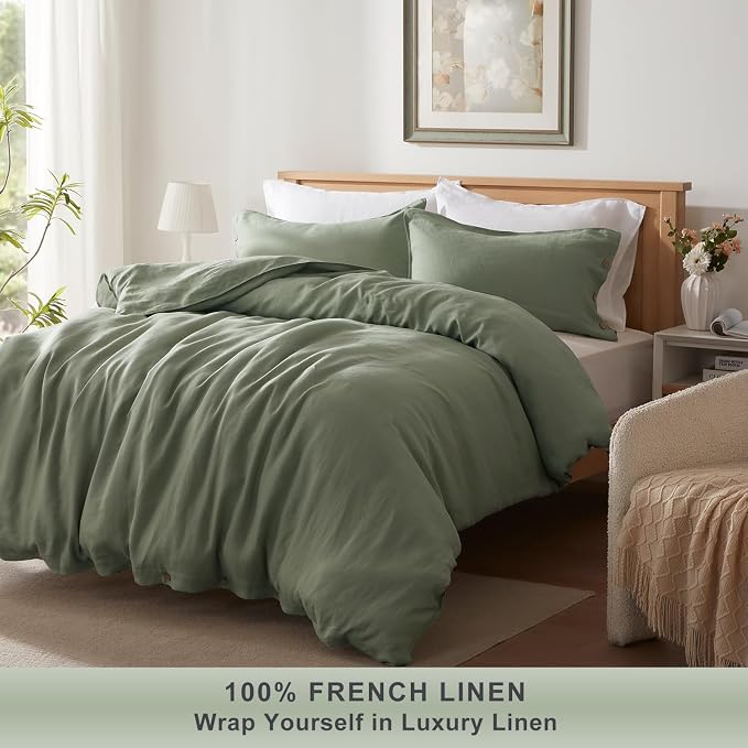 TOSMO 100% Linen Duvet Cover Set with Button Closure, 3 Pieces (1 Duvet Cover with 2 Pillowcases), Soft Breathable Durable Farmhouse Bedding - Full, Sage Green