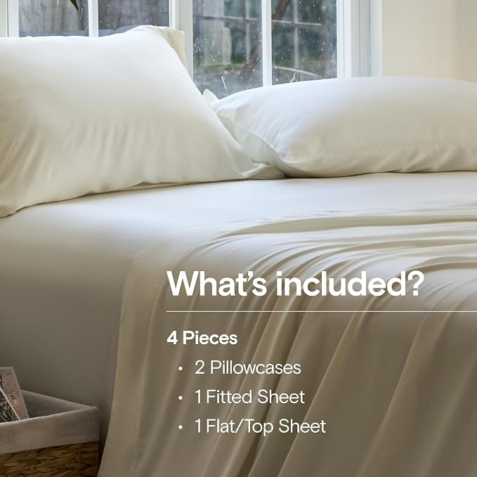 DOZ Sheet Set, 100% Viscose derived from Bamboo, Organically Grown, Buttery Soft, Cooling Sheets, High GSM, Deep Pockets - 4 Piece - 2 Pillowcases 1 Fitted Sheet 1 Top Sheet (Ivory, King)