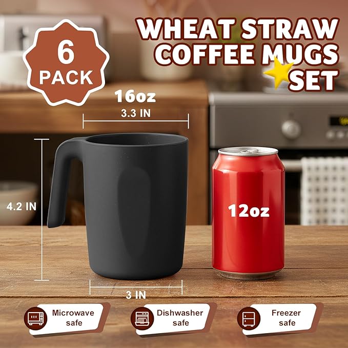 Wheat Straw Coffee Mugs 16 OZ, Unbreakable Drinking Cups with Handle Set of 6, Alternative to Plastic Reusable Coffee Cups, Microwave Safe & Dishwasher Safe Coffee Cup Set for Kichen, Black