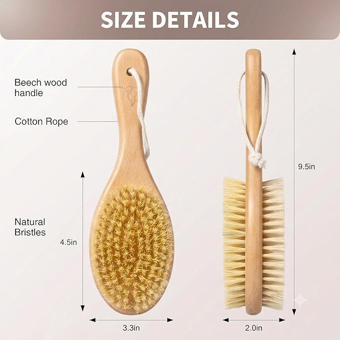 Short-Handle Dual-Sided Bath Massage Brush, Soft Boar & Firm Sisal Bristles, Portable (Natural Beech Wood)