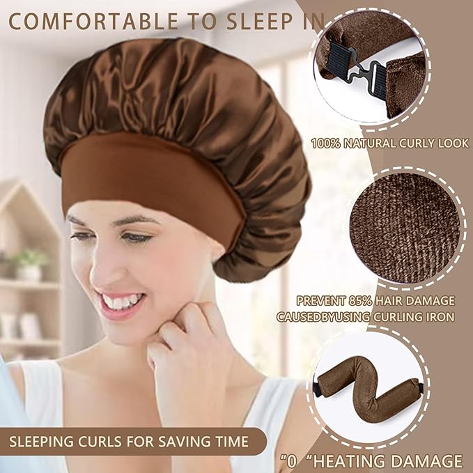 Heatless Curls Overnight Hair Curlers - 4 Pcs No-Heat Curling Rod to Sleep In and Shower Cap,Velvet Hair Rollers with Satin Wrap