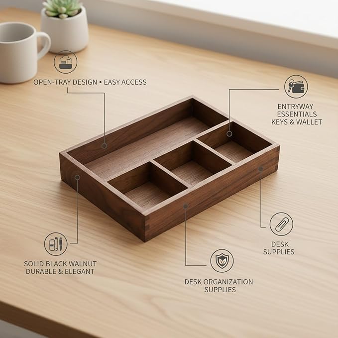 Solid Black Walnut Wood Desk Organizer Tray for Office, Entryway, and Home Storage