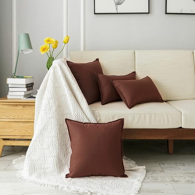 Jeanerlor 18"x18" Solid Cotton Linen Decoration Throw Pillow Case with Zipper Euro Sham Cushion Case Cool Pillow Cover Delicate Decorative Pillowcase for Chair/Bed/Couch,2 Packs, Reddish Brown