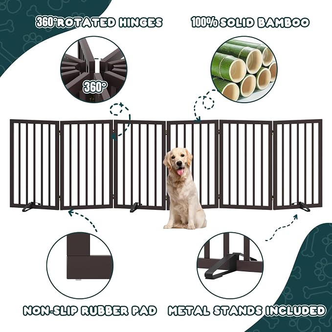Semiocthome Freestanding Dog Gate Indoor 32" Tall, 6-Panel Wooden Dog Gates for Doorways Stairs, Foldable Pet Gate Safety Fences Indoor (110" W,Espresso)
