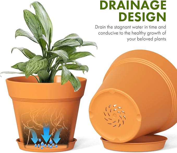 WSMKSZ 7 Inch Thick Plastic Plant Pots with Drainage Holes and Trays – 6 Pack Nursery Pots for Indoor & Outdoor House Plants, Seedling Starter Planters for Garden Flowers, Terracotta