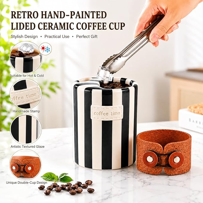 Shelprojsu 10oz Ceramic Travel Coffee Mug,Ceramic Mug with Sip hole Hand Painted Coffee Mugs with Sleeve Cup,Can Work as a Gift Ideal for Coffee Lovers (Black)