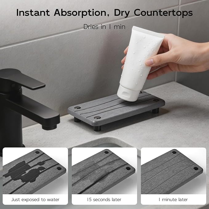 Water Absorbing Stone Sink Tray, 8" Diatomite Tray for Kitchen Bathroom Vanity, Fast Drying Stone Drying Caddy for Soap Dispenser, Sponge Holder with Wavy Groove Design