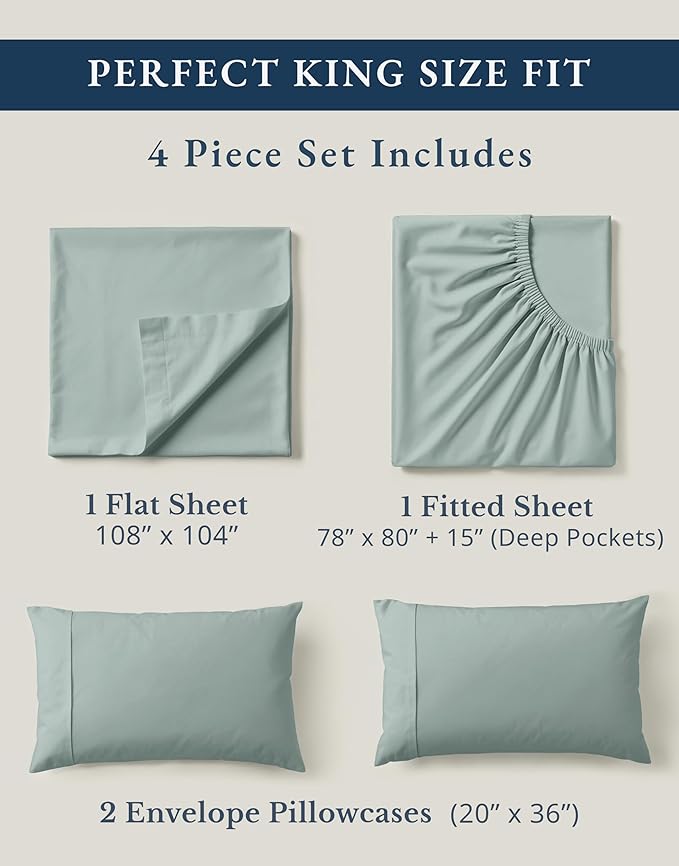 LANE LINEN 100% Organic Cotton Bed Sheets King Size, Soft & Comfy Fully Elasticized Percale Bedding Sheets & Pillowcase Set, Low Pilling Machine Washable All Season King Sheet- French Blue