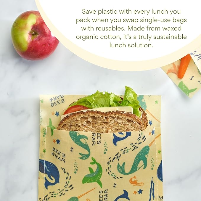 Bee's Wrap Beeswax Wraps for Food - 2 Pack of Assorted Beeswax Wraps - Snack Bag & Sandwich Wrap - Plastic Free Made in USA Reusable Natural Food Wrap - Under The Sea
