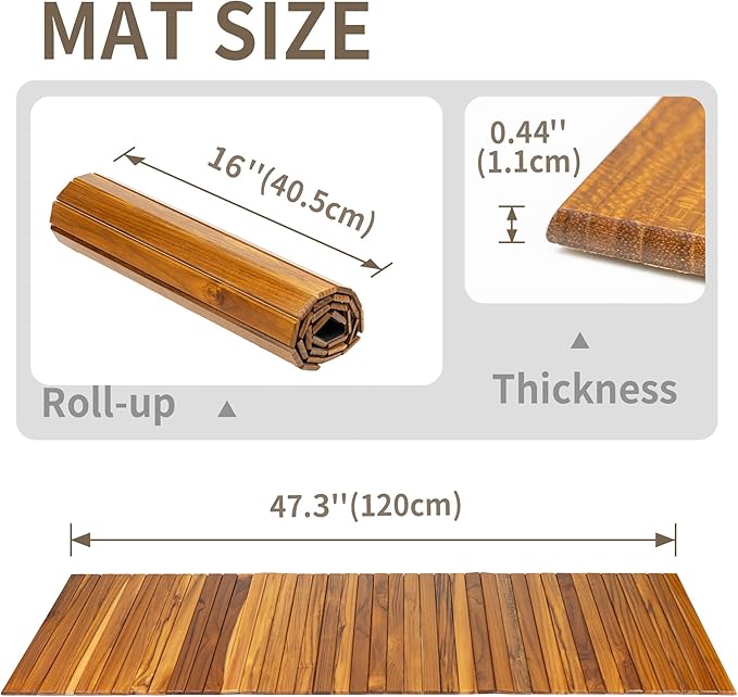 Utoplike Teak Wood Mat for Bathroom Dry Areas, Floor Mat with Non-Slip Rubber Back, Rollable, Fit for Kitchen, Vanity Area, Powder Room, Bath Room Entrance, Entryway Décor