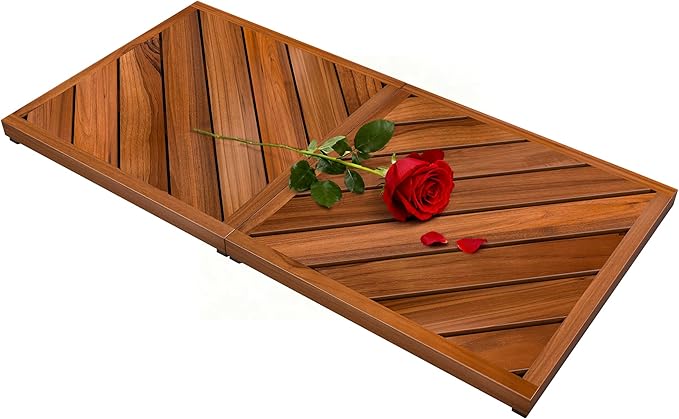 Teak Wood Bath Mat for Bathroom - (33" x 16.5") Anti Slip Square Shower Mat Wooden Floor Mats for Outside Inside Shower Bathtub Luxury Spa Home or Outdoor