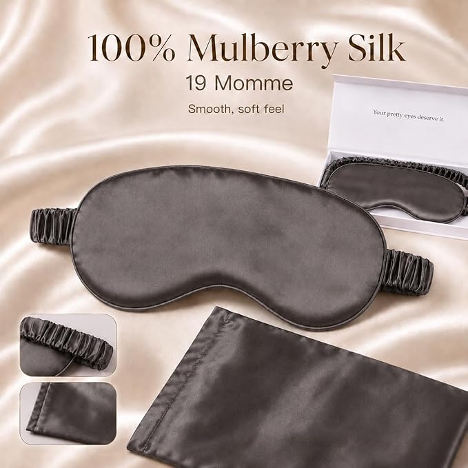 Silk Sleep Mask Light Blocking Luxury 100% Mulberry 19mm Silk Eye Mask Eye Cover Blindfold Ultra Soft Light & Comfy Anti Aging Skin Care with Travel Bag Gift Package