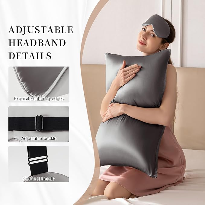 THXSILK Sleep Mask 100% 19 Momme Pure Mulberry Silk Super Smooth Cooling Sleep Eye Mask Blackout for Women/Man/Kids Eye Cover with Wide Head Strap Good Night Sleep Comfortable Travel and Nap, Charcoal
