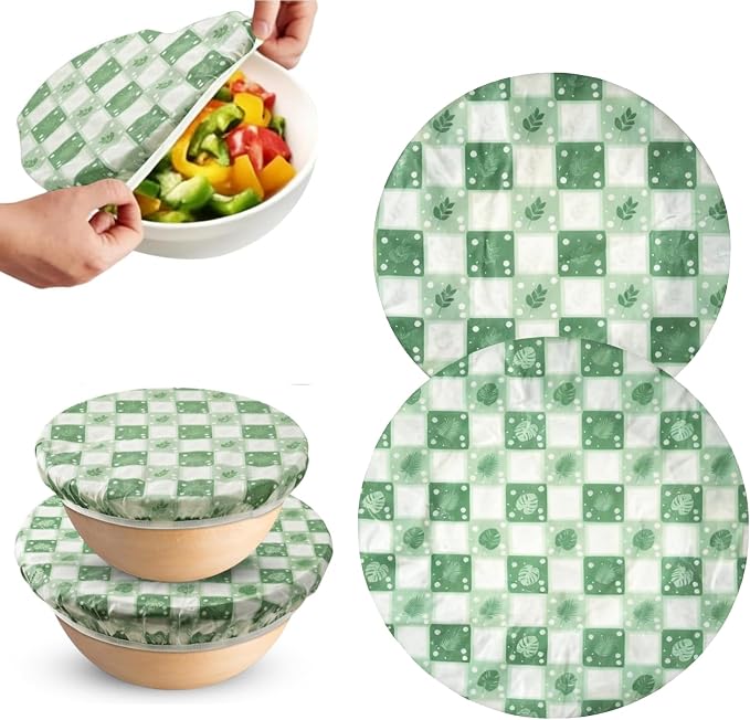 2-Pack Reusable Beeswax Bowl Covers with Green Leaf Pattern, 10/12 Inch Elastic Cotton Food Storage Covers for Bread Proofing, Sourdough Dough & Kitchen Containers