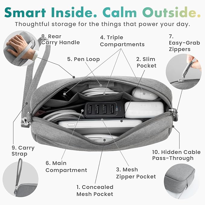 BELLEMOND Tech Organizer Pouch for Travel | Electronics Organizer Case for Cables, Chargers & Accessories | Hidden AirTag Pocket, Cable Pass-Through & Waterproof Base | Bamboo Green