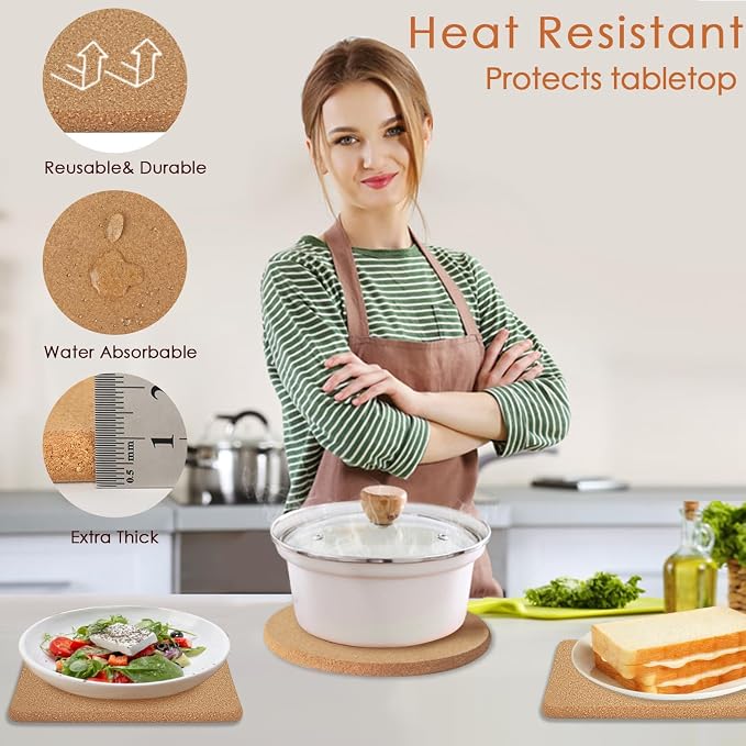 Cork Trivet Set - High Density Thick Cork Trivets for Hot Dishes, 8 Inch Heat Resistant Coaster, Placemats for Pots and Pans, 2 Round & 2 Square