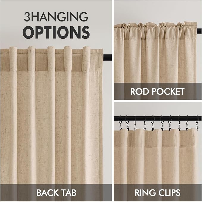 MIULEE Non-See-Through Privacy Linen Curtains 2 Panels, Light Filtering Window Curtains Farnhouse Textured Back Tab Semi Sheer Drapes for Bedroom Living Room, 52 x 63 Inches Long, Light Brown