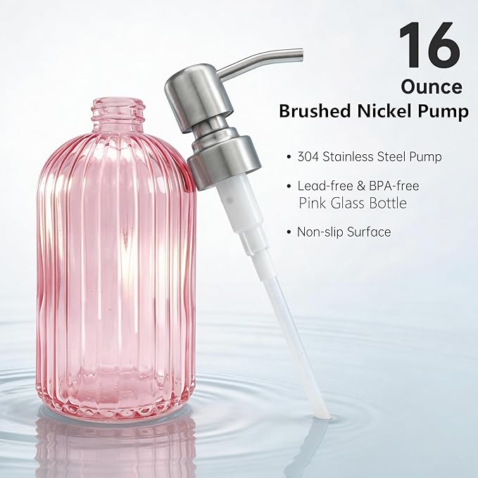 16 OZ Pink Glass Soap Dispenser Glass Soap Dispenser,Clear Pink Stripe Bathroom Hand Soap Dispensers with Stainless Steel Pump, Pink Kitchen Hand Soap Dispenser with Brushed Nickel Pump