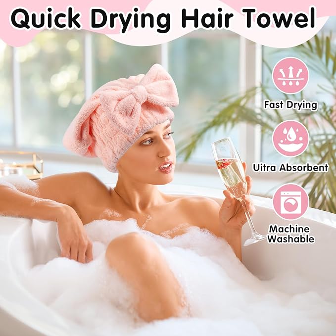 4 Pack Microfiber Hair Towel Cap,Super Absorbent Hair Towel Wrap Drying Hair Cap,Soft Microfiber Hair Drying Towel Cap with Bow-Knot,Anti Frizz Hair Turban Wrap for Curly Long Wet Hair