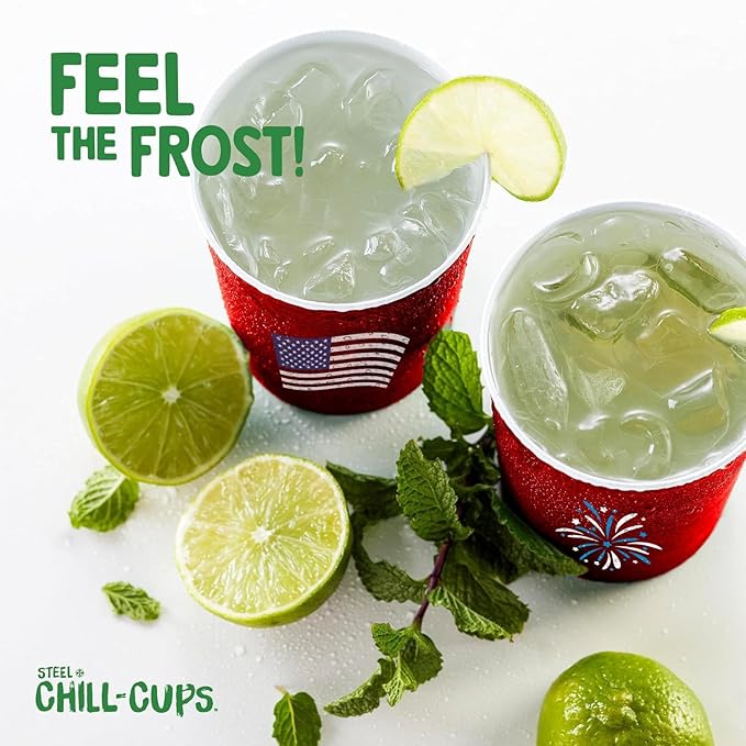 Steel Chill Cups 16 oz. Party Cups Flag Design for Cold Drinks, Sturdy and Durable, Disposable, Recyclable, Made in USA, Patriotic, Red, 12 Count