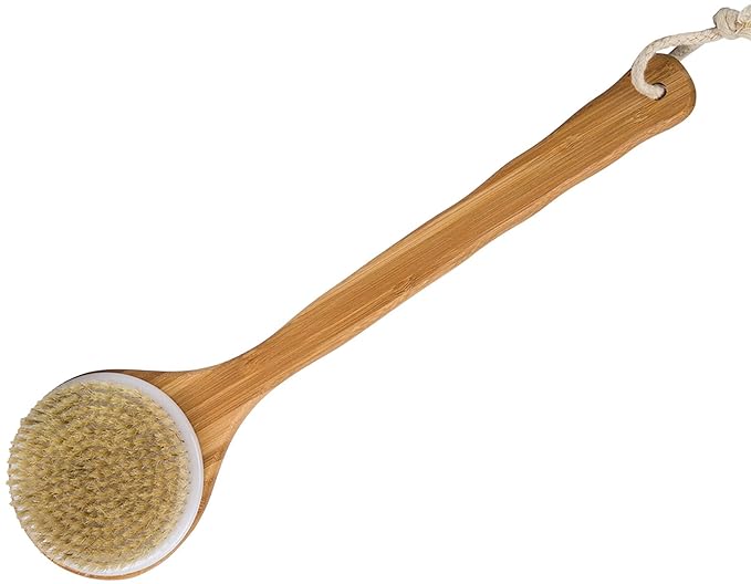 Janrely Bath Dry Body Brush Natural Bristles Back Scrubber With Long Wooden Handle For Cellulite And Exfoliating