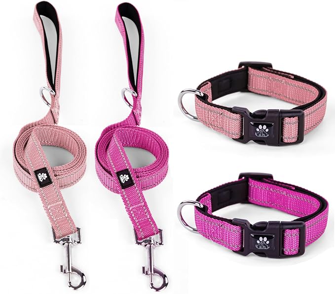 IVY&LANE 2 Pack Reflective Dog Collars and Leashs Set,Adjustable Neoprene Padded Dog Collar for Puppy, Breathable Nylon Pet Collar for Small Medium Large Dogs(Large,Pink+Fuchsia)