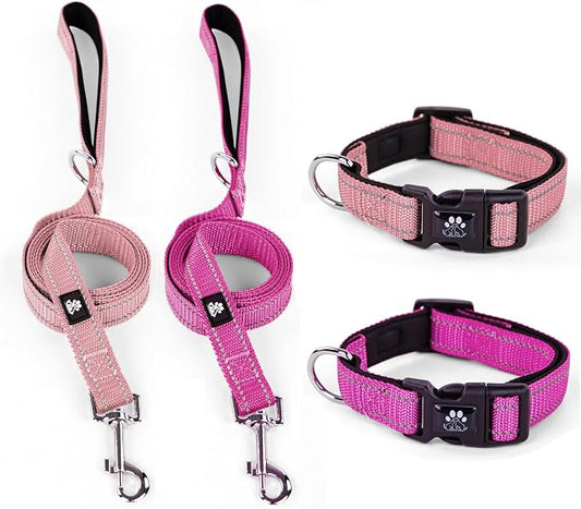 IVY&LANE 2 Pack Reflective Dog Collars and Leashs Set,Adjustable Neoprene Padded Dog Collar for Puppy, Breathable Nylon Pet Collar for Small Medium Large Dogs(Large,Pink+Fuchsia)
