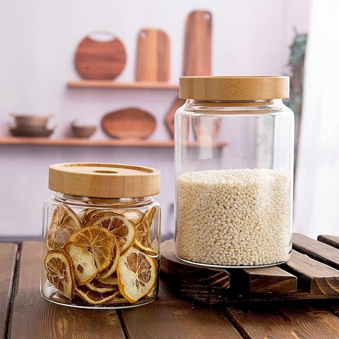 3 Pack 480 ml / 16 oz clear cute glass storage canister holder with airtight bamboo lid, modern decorative small container jar for coffee, spice, candy, salt, cookie, condiment, pepper, sugar