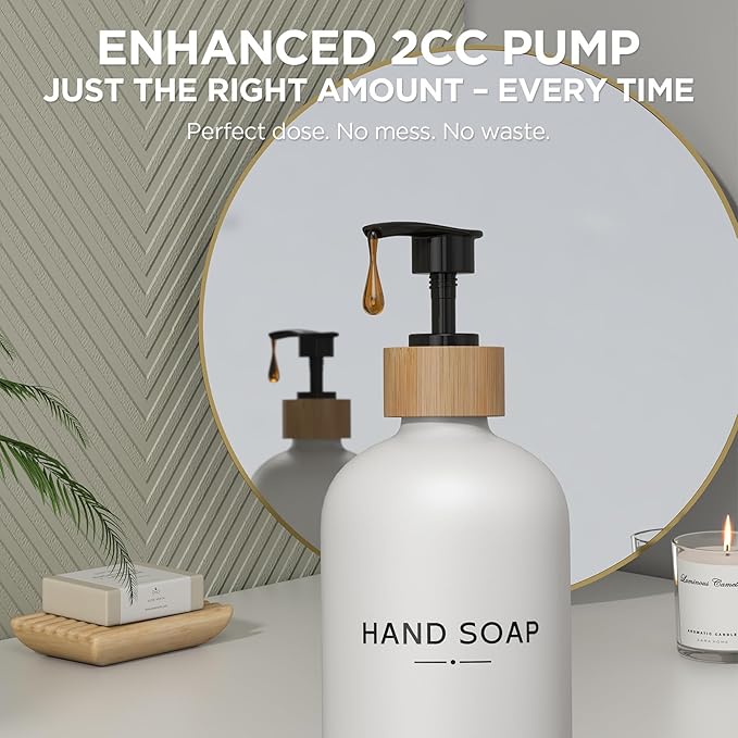 Hand and Dish Soap Dispenser Set,16oz Glass Bottles with Bamboo Pumps & Tray,Countertop Soap Dispensers for Kitchen,Luxury, Minimalist & Farmhouse Decor