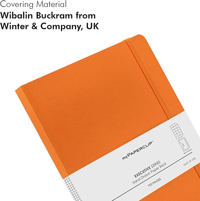 myPAPERCLIP Executive Series A5 Checks/Square Grid Notebook | 192 Pages, 80 GSM, Soft Cover, A5 (5.83 x 8.27 in) | Flat Lay | Bookmark, Elastic Closure & Back Pocket | Orange