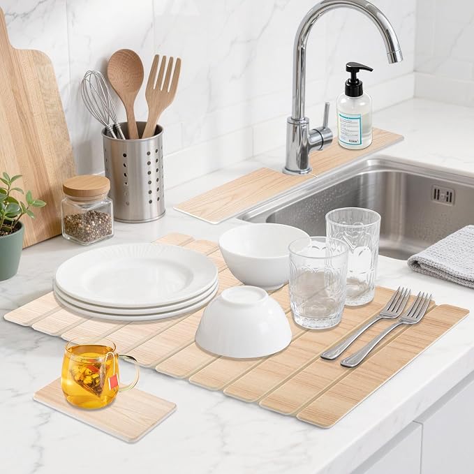Diatomaceous Stone Drying Mat for Kitchen Counter with Sink Faucet Mat, Wooden Parrten Design Absorbent Quick Dry Dish Drying Mat Set, Diatomite Stone Slat Countertop Pad for Dishes, Cups
