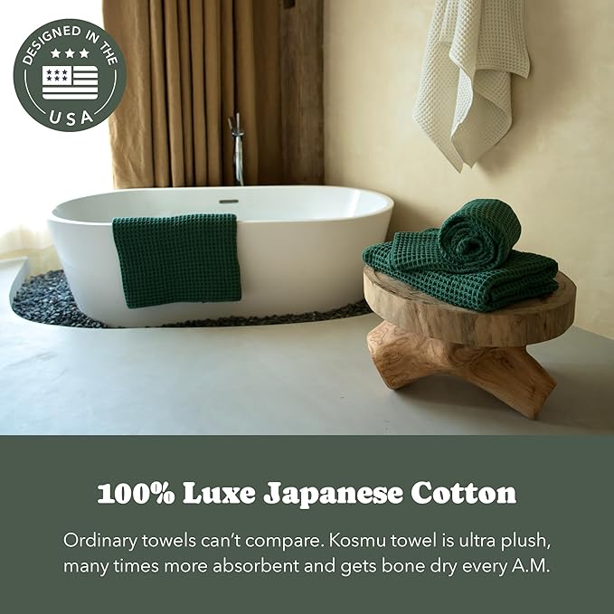 Luxury Organic Japanese Cotton Waffle Bath Towel | Thick, Absorbent, Quick Dry Bathroom Towels for Shower, Sauna, Onsen| Hotel & Spa Quality, Gift-Ready (Forest Green, Bath Sheet Set (3-Piece))