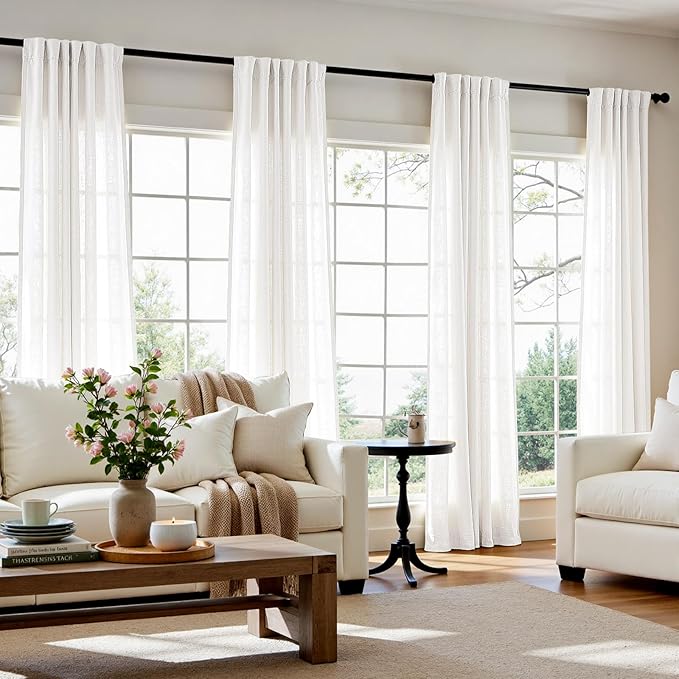 jinchan Linen Curtains 50W x 96L Inch Off White for Living Room Farmhouse Curtains Clip Rings Back Tab Rod Pocket Drapes 4-Panel Set