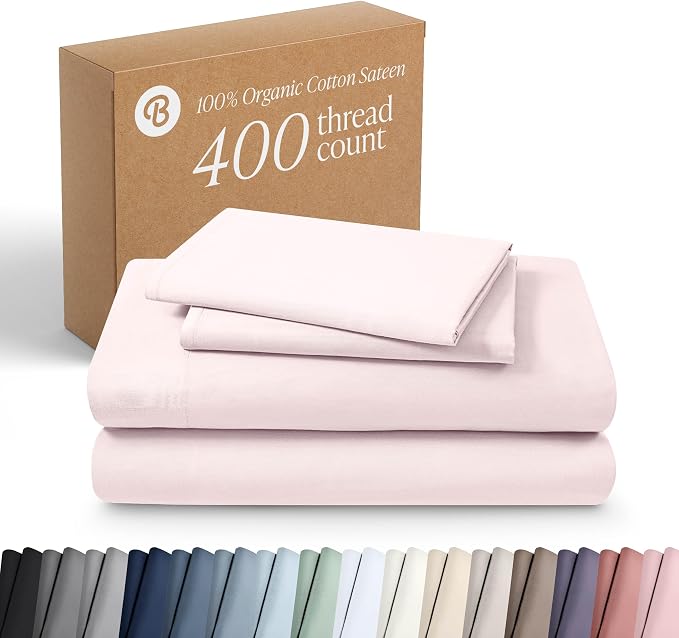 Bare Home 100% Organic Cotton Twin Sheet Set - 400 Thread Count - Smooth Sateen Weave - Breathable & Cooling - Hotel Luxury Set - Deep Pocket Bed Sheets (Twin XL, Dusty Pink)