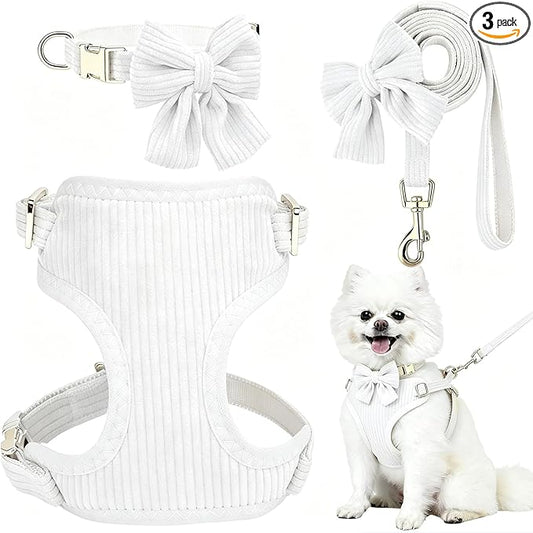 Small Dog Collar Harness and Leash Set with Bowtie, Adjustable Dog Harness Collar and Leash Set with Secure Metal Buckle, Breathable Cotton Adjustable Pet Puppy Harness, Easy Walk Harness, M(16-21")