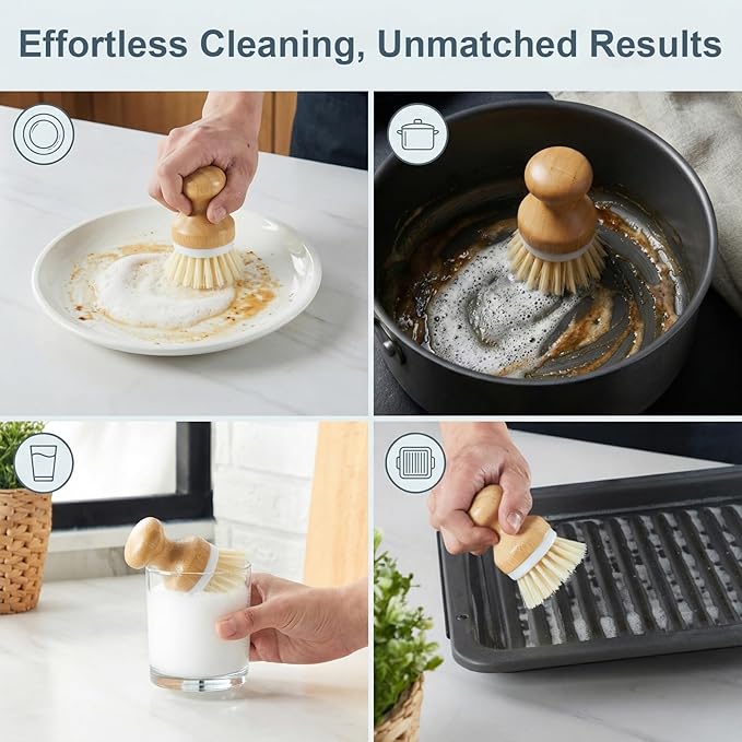ONEMORE Bamboo Dish Brush with Ceramic Foaming Base, Kitchen Sink Scrub Brush Set with Spring and Mesh Insert, Wooden Handle Dishwashing Brush for Pots Pans Plates Bowls, Gray
