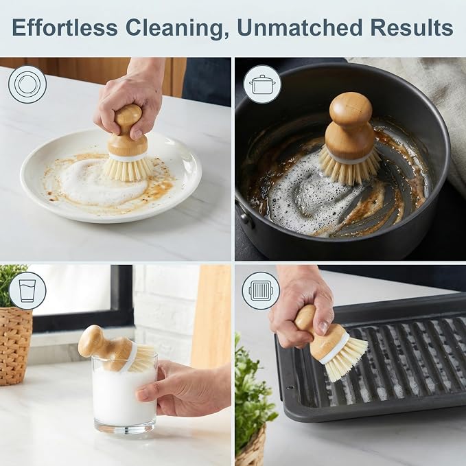 ONEMORE Bamboo Dish Brush with Ceramic Foaming Base, Kitchen Sink Scrub Brush Set with Spring and Mesh Insert, Wooden Handle Dishwashing Brush for Pots Pans Plates Bowls, Marble